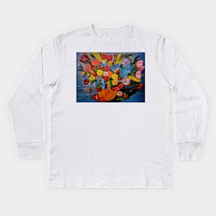 A beautiful bouquet of mixed flowers in a gold vase Kids Long Sleeve T-Shirt